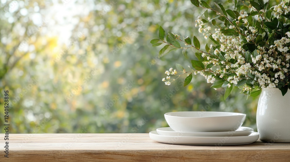 Spring flowers, table setting, outdoor background, food blog Spring flowers, table setting, outdoor background, food blog
