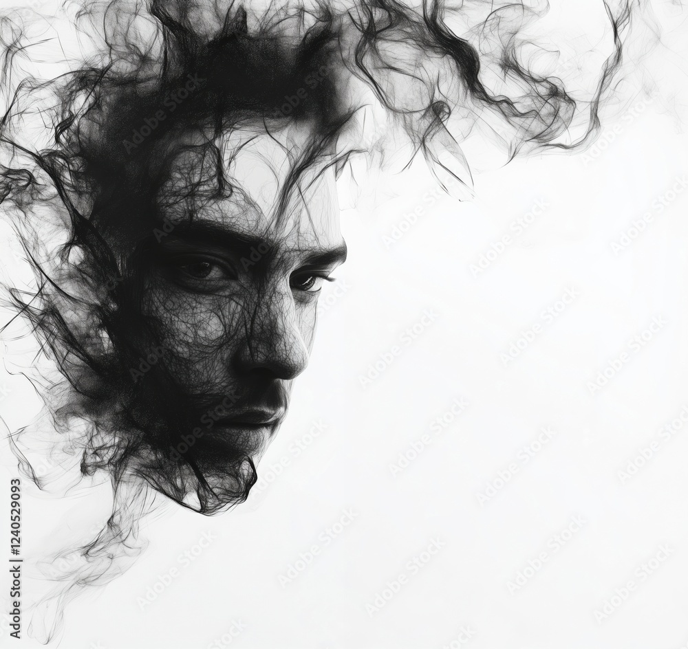 Fototapeta premium Abstract portrait of a man with smoke-like features, blending human form and ethereal elements, showcasing intricate details and emotional depth, copy space for text
