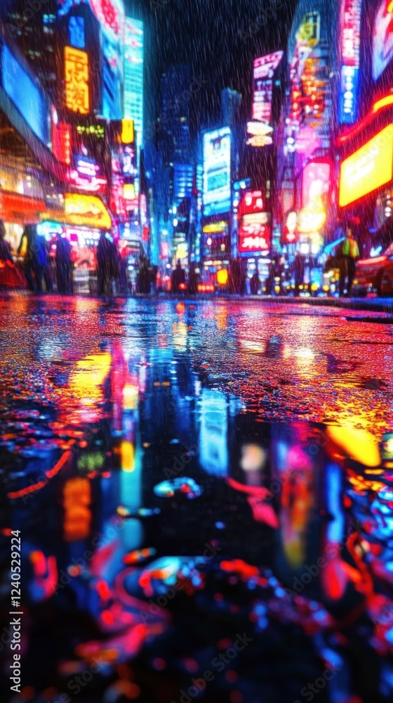 Neon Cityscape Reflecting In Rain Puddle At Night Neon Cityscape Reflecting In Rain Puddle At Night