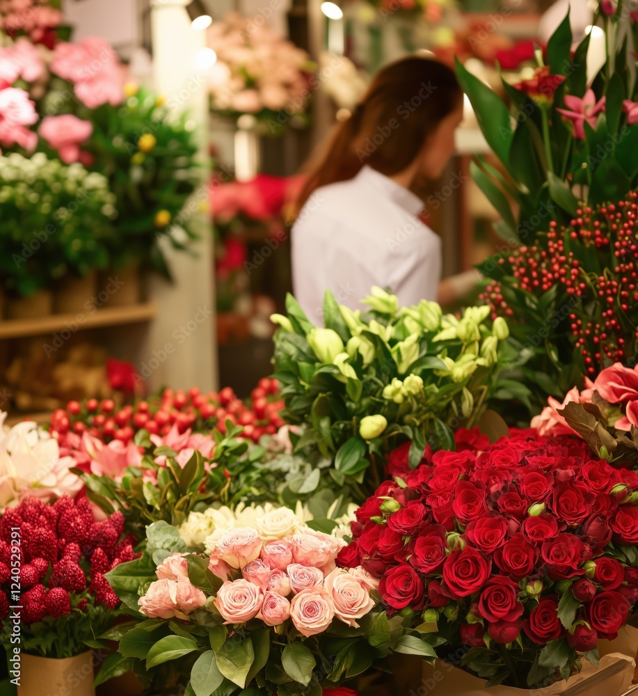 Vibrant Flower Shop Display with Assorted Bouquets and Fresh Roses, Lush Greenery, and Floral Arrangements, copy space for text Vibrant Flower Shop Display with Assorted Bouquets and Fresh Roses, Lush Greenery, and Floral Arrangements, copy space for text