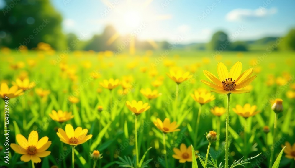 Fototapeta premium Sunny meadow with bright yellow flowers on lush green grass, field, bloom