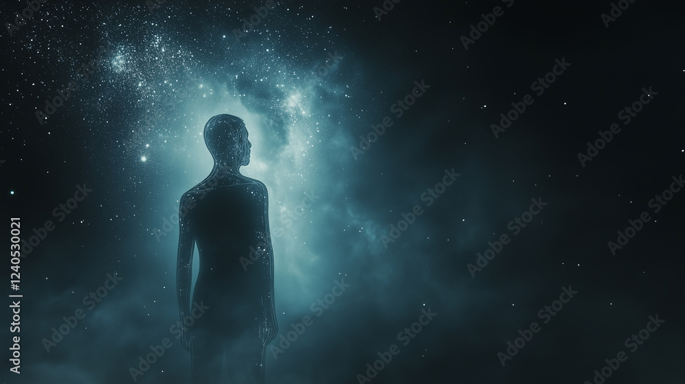 Person with a transparent body gazes into the cosmos, illuminated by distant stars in a mystical atmosphere Person with a transparent body gazes into the cosmos, illuminated by distant stars in a mystical atmosphere