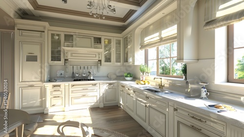 Sunlit kitchen with duck egg details and a mix of diverse, elegant furnishings