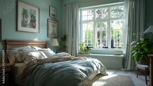 Bright bedroom with duck egg bedding, natural light, and a variety of diverse, elegant decor