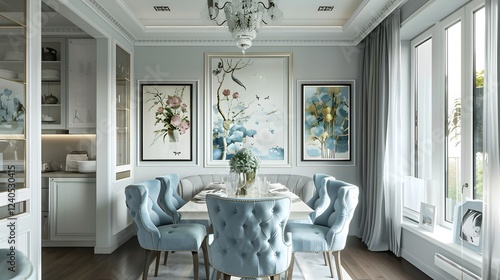 Elegant dining room with duck egg blue chairs and natural light, featuring diverse artwork
