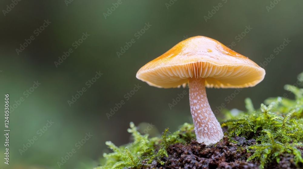 Orange mushroom in forest moss, nature background, botany Orange mushroom in forest moss, nature background, botany