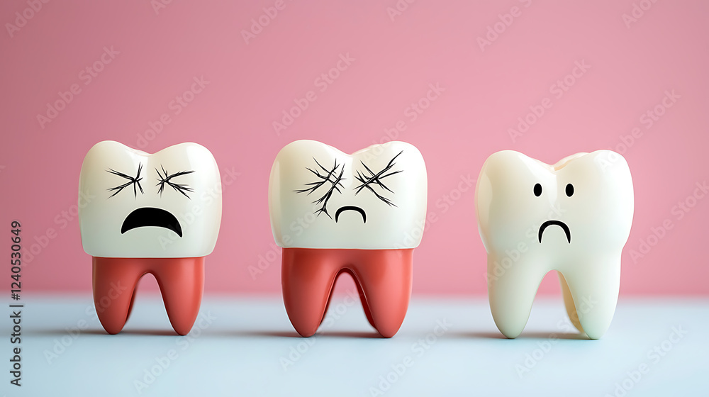 Fototapeta premium Cartoon teeth characters studio digital illustration playful environment close-up view humor concept with cracked teeth expressions