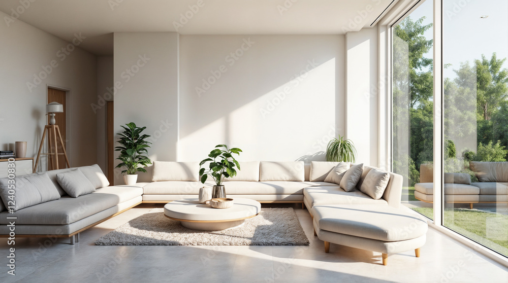 Fototapeta premium Modern living room design. Sunlit minimalist interior. Beige sectional sofa. Luxury home decor.
