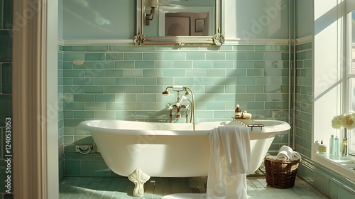 Stylish bathroom with natural light, duck egg tiles, and a mix of diverse, elegant fixtures