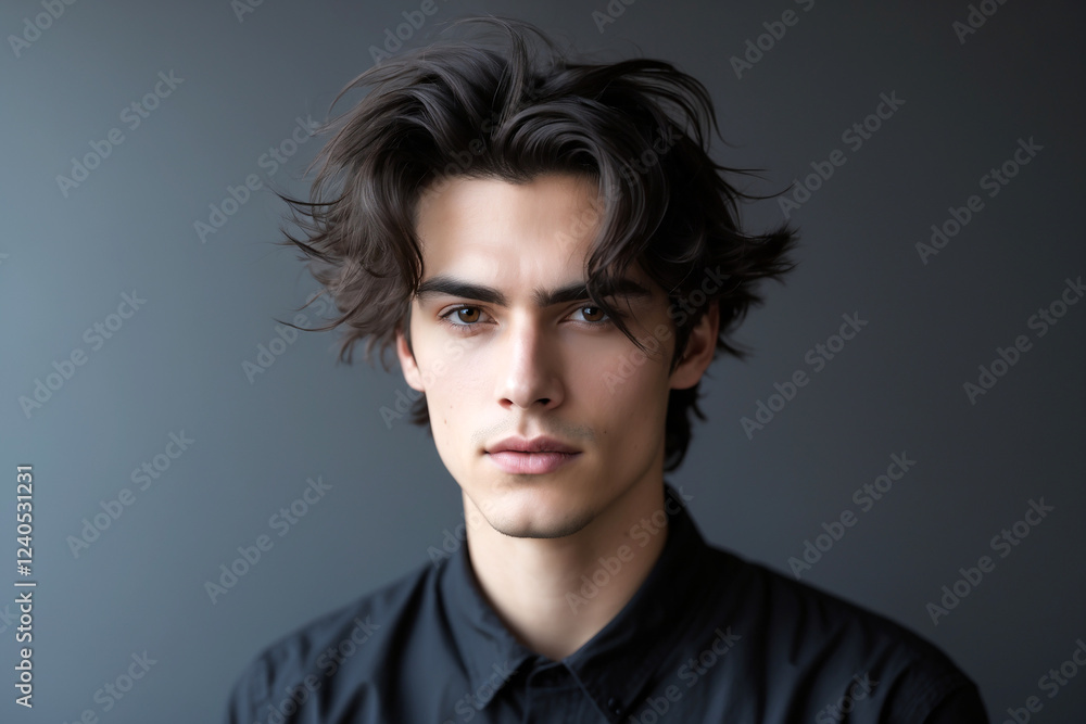 A young man with wavy black hair and a mysterious gaze A young man with wavy black hair and a mysterious gaze