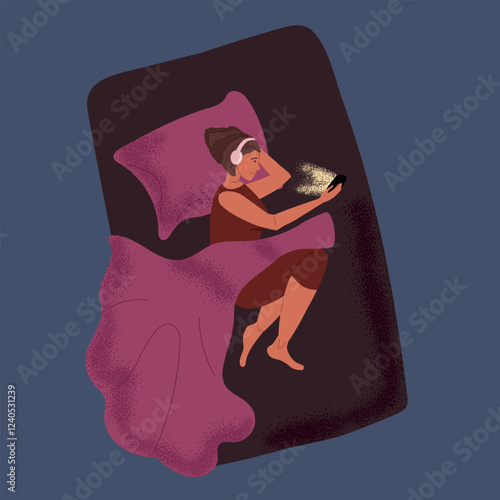Young girl lies in her bed with headphones on and looks at her phone in dark. Girl resting alone, not sleeping, dreaming. Danger of dependence on gadgets. Cartoon Vector illustration in Flat style