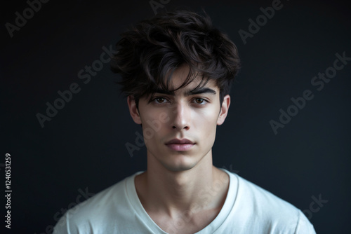 A young man with wavy black hair and a mysterious gaze photo