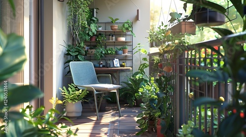 Sunlit balcony with duck egg furniture and a variety of elegant, diverse plants