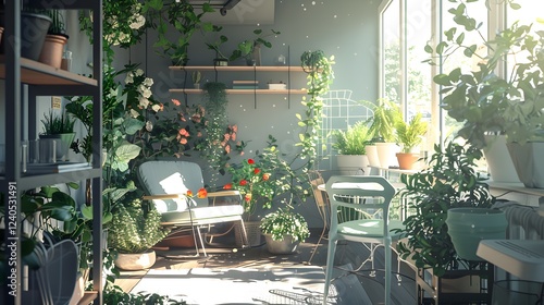 Sunlit balcony with duck egg furniture and a variety of elegant, diverse plants