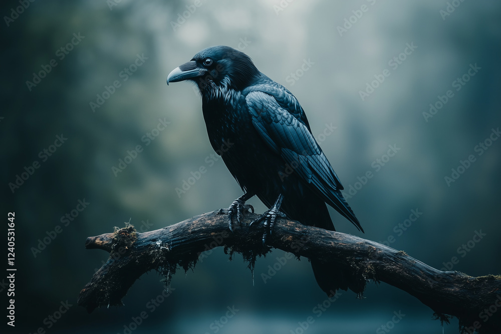 Raven perched on a gnarled branch in a misty forest during twilight hours Raven perched on a gnarled branch in a misty forest during twilight hours