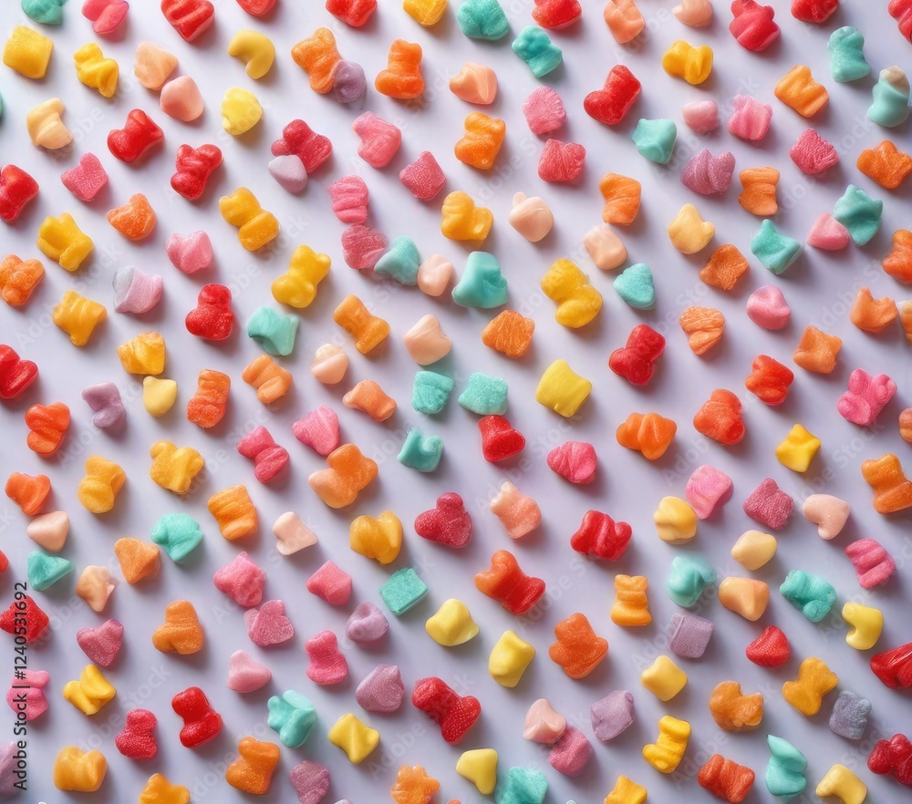 Soft pastel gradient background with scattered gummy bears in a whimsical arrangement, happy moments, whimsical scene Soft pastel gradient background with scattered gummy bears in a whimsical arrangement, happy moments, whimsical scene