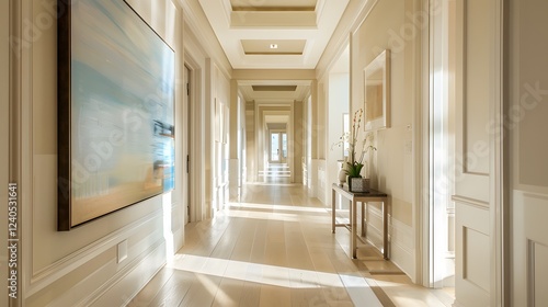 Bright hallway with duck egg accents, natural light, and a blend of diverse, elegant artwork