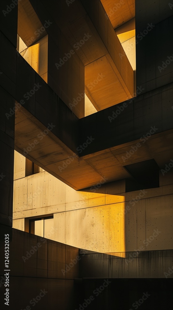 Fototapeta premium brutalist architecture concrete structure geometric forms golden light dramatic shadows modern design