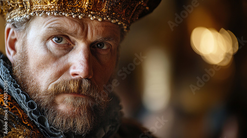 A regal portrait of a king, adorned in a golden crown and rich clothing, exudes power and authority. photo