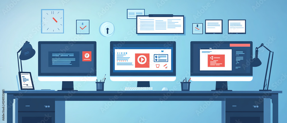 Modern office with multiple computer screens displaying alerts and notifications, emphasizing productivity and organization in digital workspace Modern office with multiple computer screens displaying alerts and notifications, emphasizing productivity and organization in digital workspace