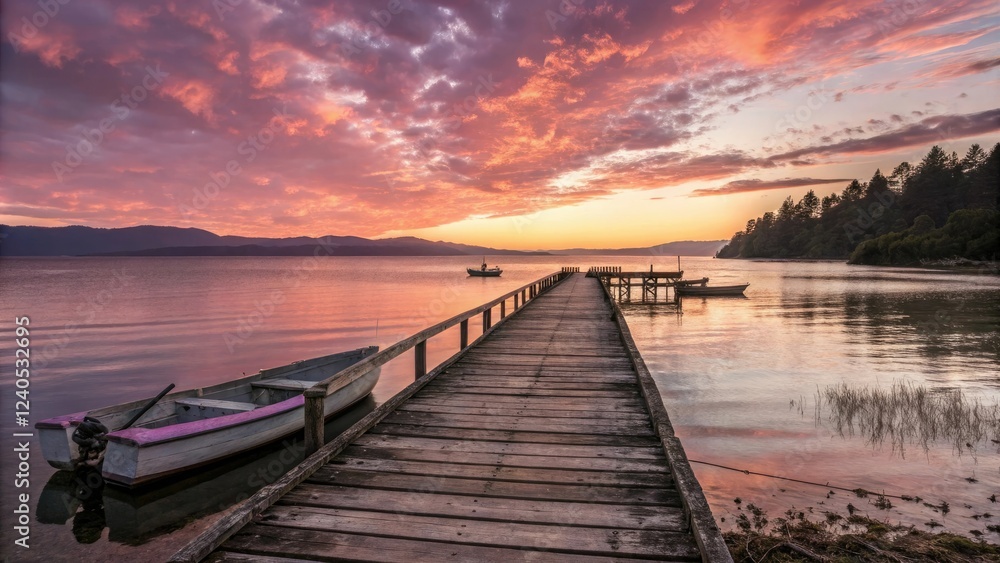 Fototapeta premium Softly glowing sunrise over a vintage wooden pier stretching into a serene lake or ocean, ocean view, peaceful atmosphere, wooden structure