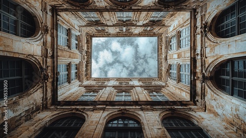 Upward view of an ornate historical building courtyard with arched windows and cloudy sky