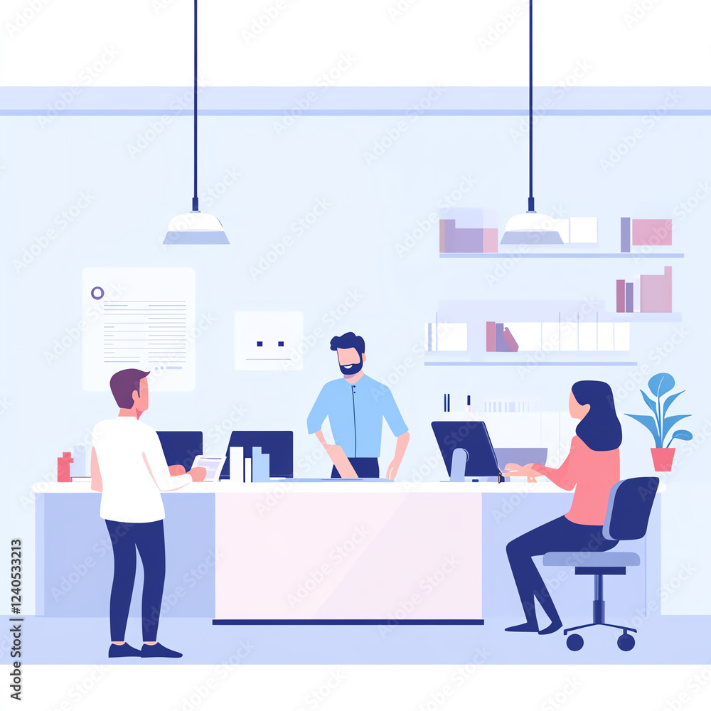 modern office scene featuring two employees interacting with professional at reception desk. environment is bright and organized, promoting productive atmosphere modern office scene featuring two employees interacting with professional at reception desk. environment is bright and organized, promoting productive atmosphere