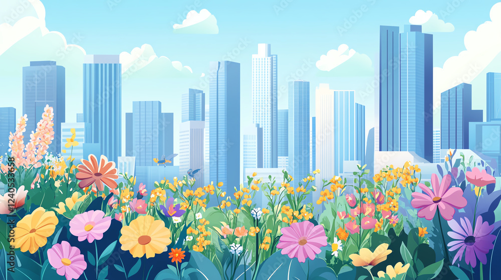 vibrant flower garden in front of busy city skyline, showcasing colorful blooms against backdrop of tall buildings and clear blue sky. scene evokes sense of tranquility amidst urban life vibrant flower garden in front of busy city skyline, showcasing colorful blooms against backdrop of tall buildings and clear blue sky. scene evokes sense of tranquility amidst urban life