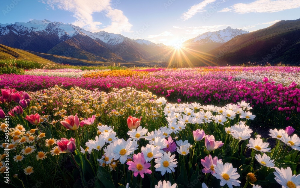 Fototapeta premium Vibrant Spring Landscape with Colorful Flower Fields and Majestic Mountains Under Bright Sunrise Sky in Beautiful Nature Scene