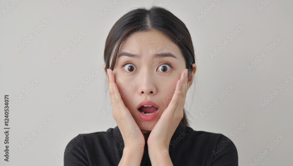 Shocked woman, hands on face, indoor, neutral background, portrait Shocked woman, hands on face, indoor, neutral background, portrait