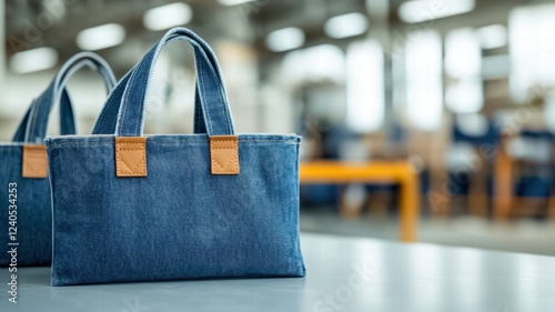 Wallpaper Mural A stylish denim bag with leather accents sits on a table in a bright, spacious workshop, showcasing modern craftsmanship. Torontodigital.ca