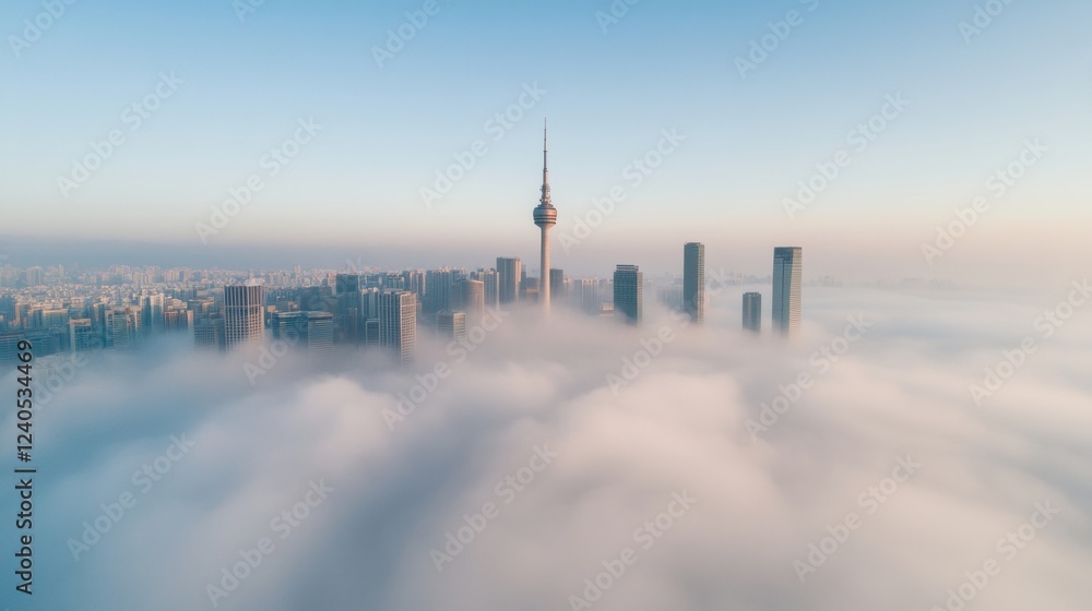 Fototapeta premium Mist-Enveloped Urban Skylines Futuristic Business Aesthetic with Diffused Light for Real Estate Marketing and Tech Innovation in Foggy Cities