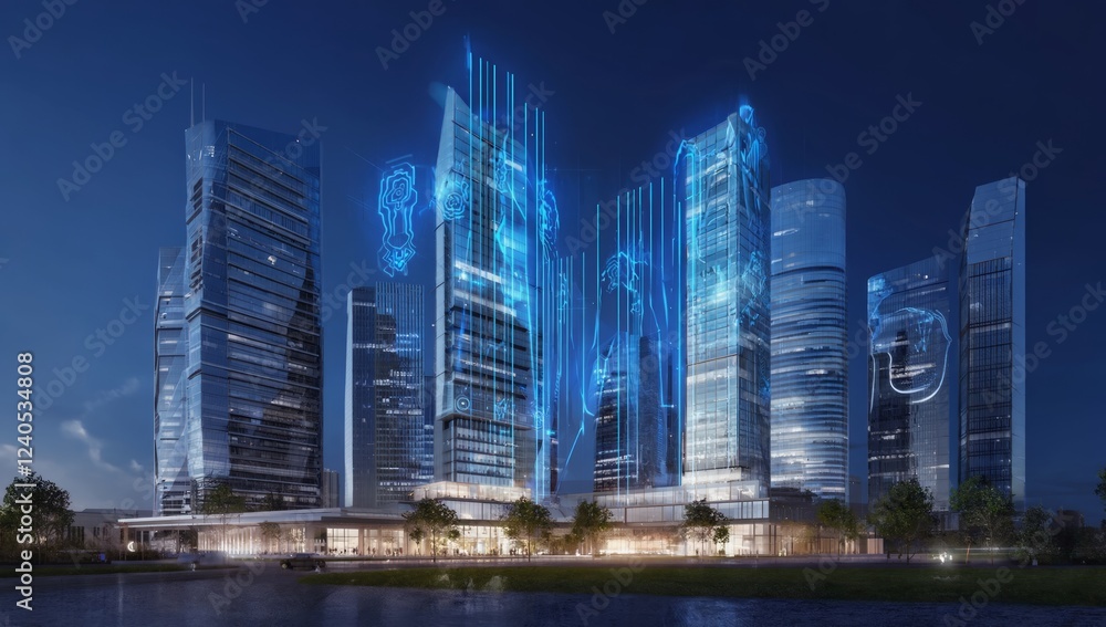 Naklejka premium Smart city digital twin, futuristic buildings, night cityscape, data visualization, urban planning