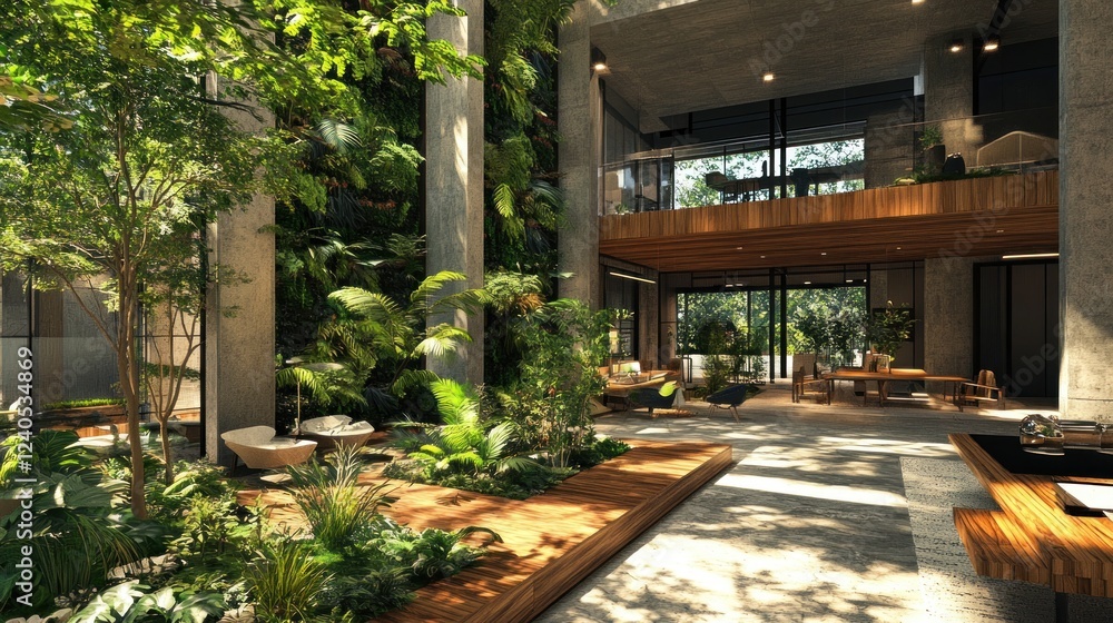 Obraz premium Tranquil Indoor Oasis: A Modern Architectural Design Featuring Lush Greenery and Serene Ambiance
