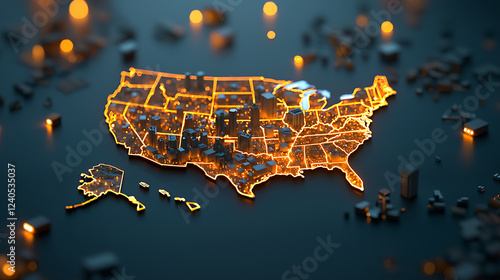 Illuminated us map showcasing industrial growth digital artwork urban landscape nighttime view economic insights photo