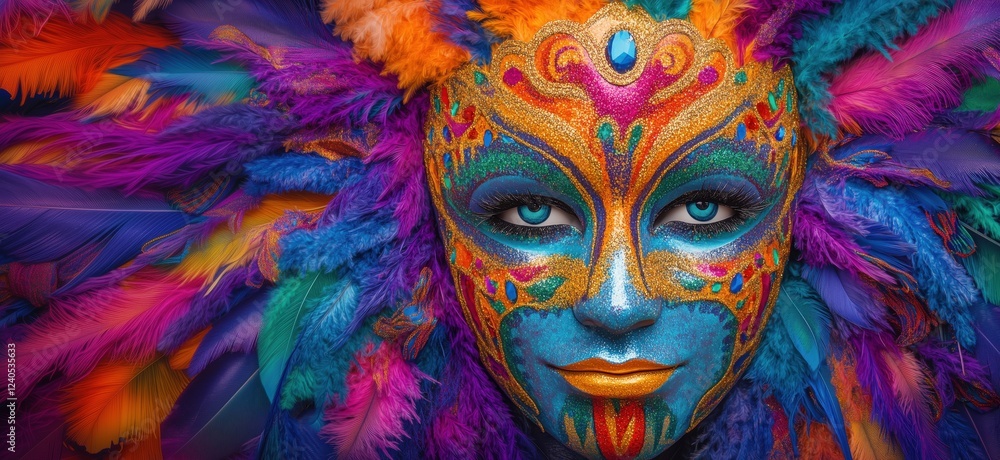 Vibrant Carnival Mask with Colorful Feathers and Intricate Face Paint, Celebrating Cultural Festivities, copy space for text Vibrant Carnival Mask with Colorful Feathers and Intricate Face Paint, Celebrating Cultural Festivities, copy space for text