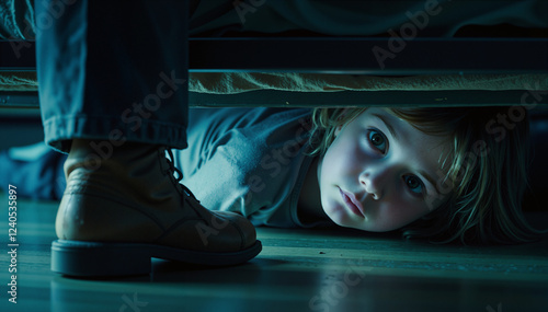 A young child hides under the bed in fear as boots approach.