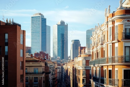 Modern Cityscape with Skyscrapers and Historical Buildings in Urban Setting, Showcasing Architecture and City Life under Clear Blue Sky