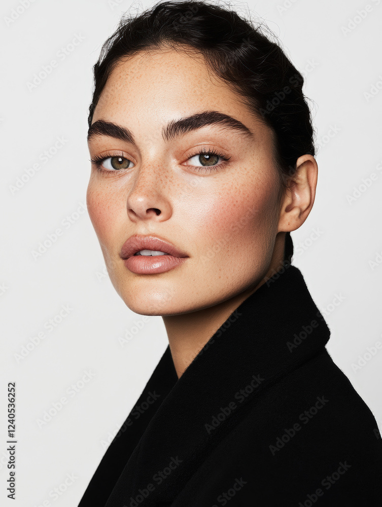 Portrait mode d'une femme brune aux cheveux courts avec un manteau noir Portrait mode d'une femme brune aux cheveux courts avec un manteau noir