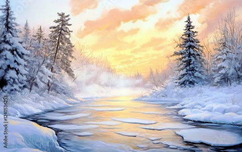 Wallpaper Mural Tranquil Winter Landscape with Snowy River and Pine Trees Under Soft Sunset Glow in a Peaceful Natural Setting Torontodigital.ca