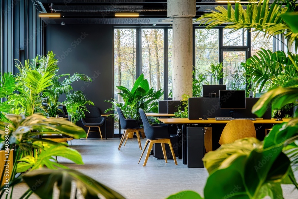 Fototapeta premium Modern Office Interior with Green Plants, Desks, and Large Windows in Bright Natural Light, Showcasing a Stylish and Productive Workspace Environment