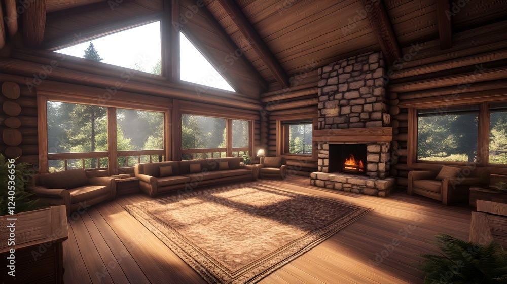 Rustic Log Cabin Living Room with Fireplace and Sunlit Views Rustic Log Cabin Living Room with Fireplace and Sunlit Views