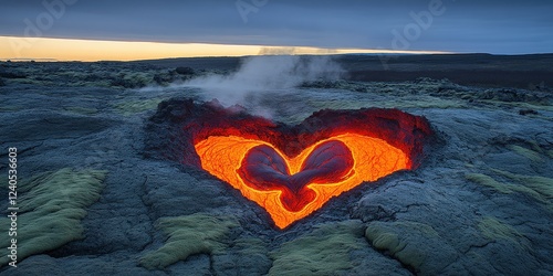 Mesmerizing Aerial View of Heart-Shaped Lava Formation on Cooling Volcanic Rock During Sunset in Icelandic Landscape - Unique Natural Phenomenon and Geoformation photo