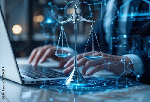 Hands typing on laptop with justice scale icon hologram overlay on blue background.