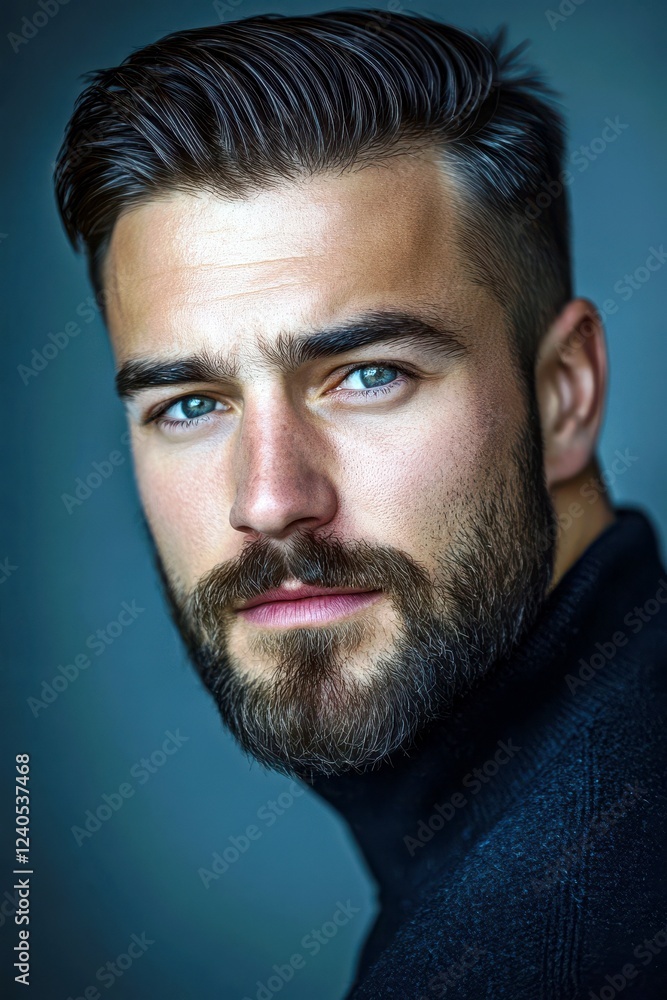 Handsome Young Man with Stylish Hair and Well-Groomed Beard Posing Against a Soft Blue Background in a High-Quality Portrait Photography Session