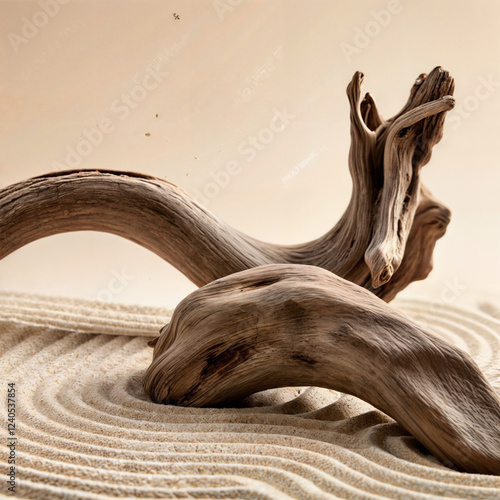 The image features a beautifully weathered piece of driftwood resting on finely textured sand with natural wave patterns. 
