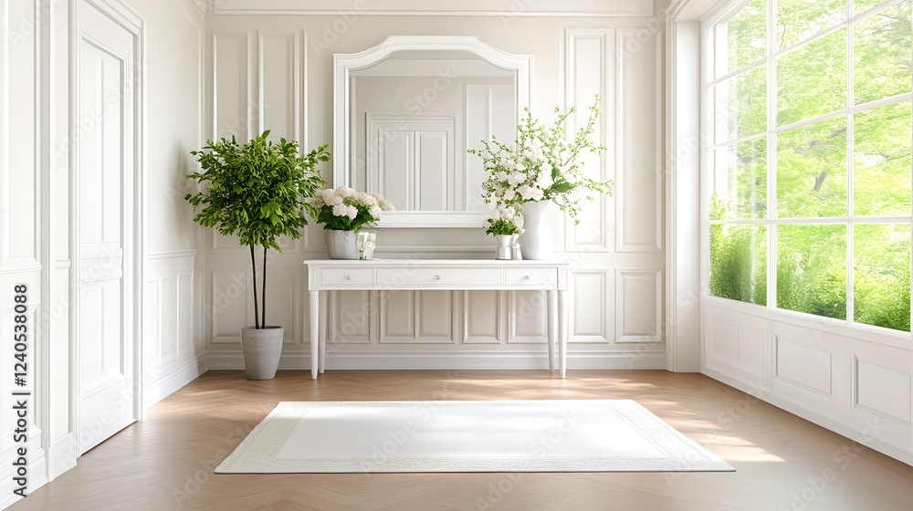 Fototapeta premium Serene White Hallway: Tranquil elegance with blooming flowers and natural light.