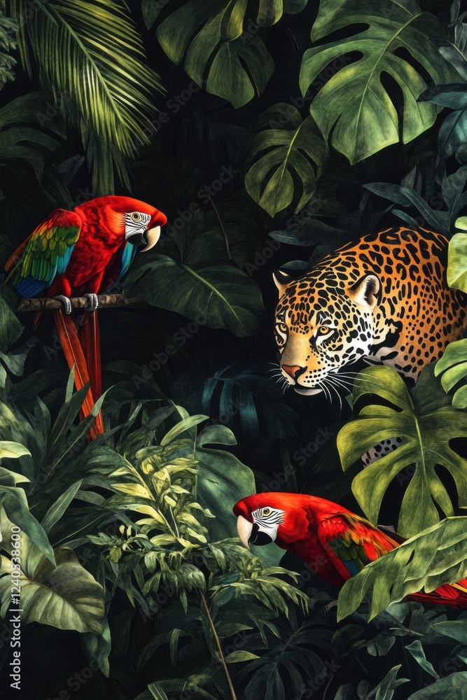 Jaguar and Macaws in Lush Tropical Rainforest Jaguar and Macaws in Lush Tropical Rainforest