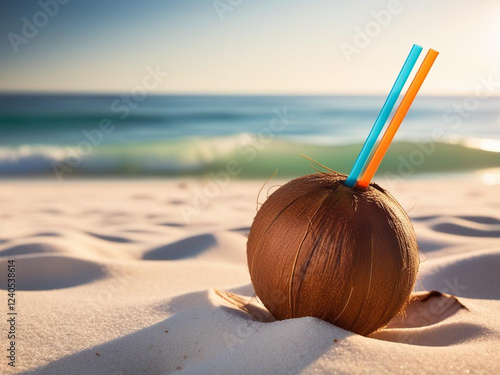 Fresh coconut with a straw on warm sandy beach, golden sunlight shining on its rough shell, inviting a refreshing tropical escape. photo