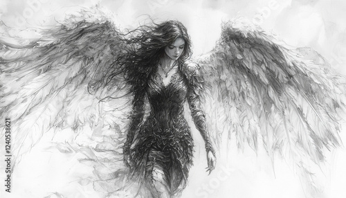 Beautiful Daemon, woman fallen angel, pencil sketch. AI generative